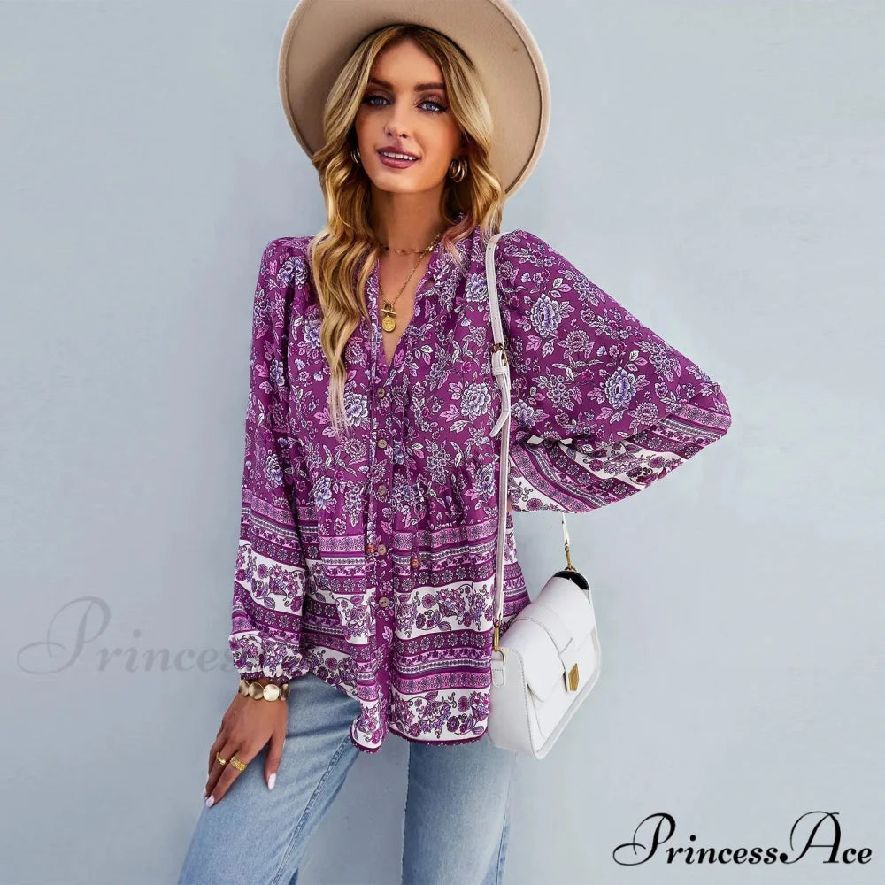 Flower Pattern Button-Up Extended Sleeve Bohemian Blouse Purple / S bohoblouse-250126