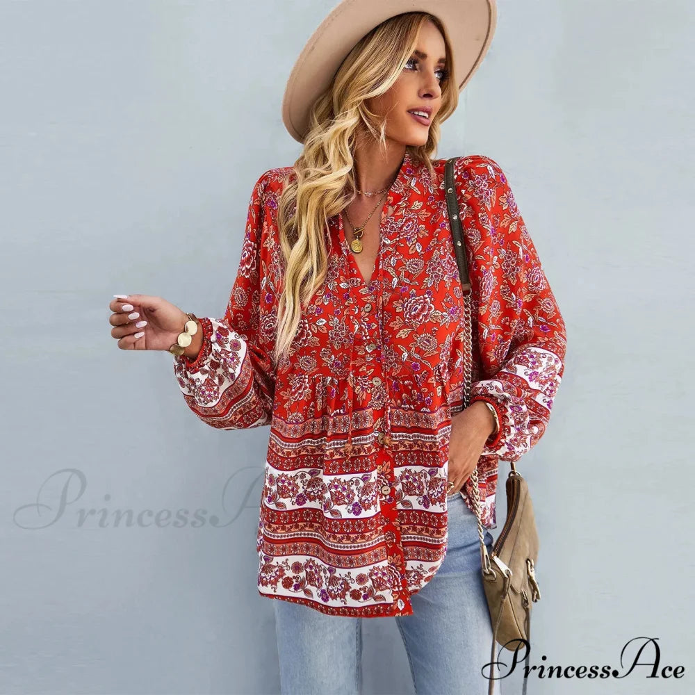 Flower Pattern Button-Up Extended Sleeve Bohemian Blouse Red / S bohoblouse-250126
