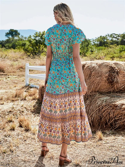 Flower Pattern Button V-neck Folded Rayon Beach Maxi Boho Dress bohodress-250126