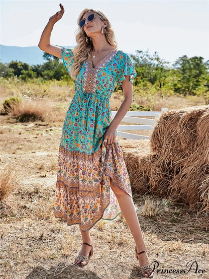 Flower Pattern Button V-neck Folded Rayon Beach Maxi Boho Dress bohodress-250126
