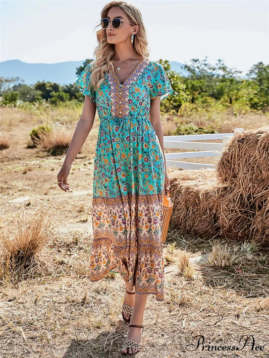 Flower Pattern Button V-neck Folded Rayon Beach Maxi Boho Dress GREEN / S bohodress-250126