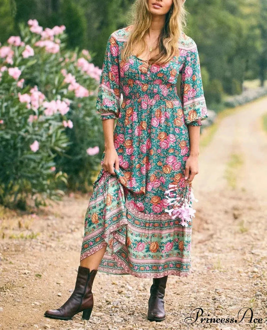Flower Pattern Cross V-neck Button Summer Boho Dress Green / S bohodress-250126