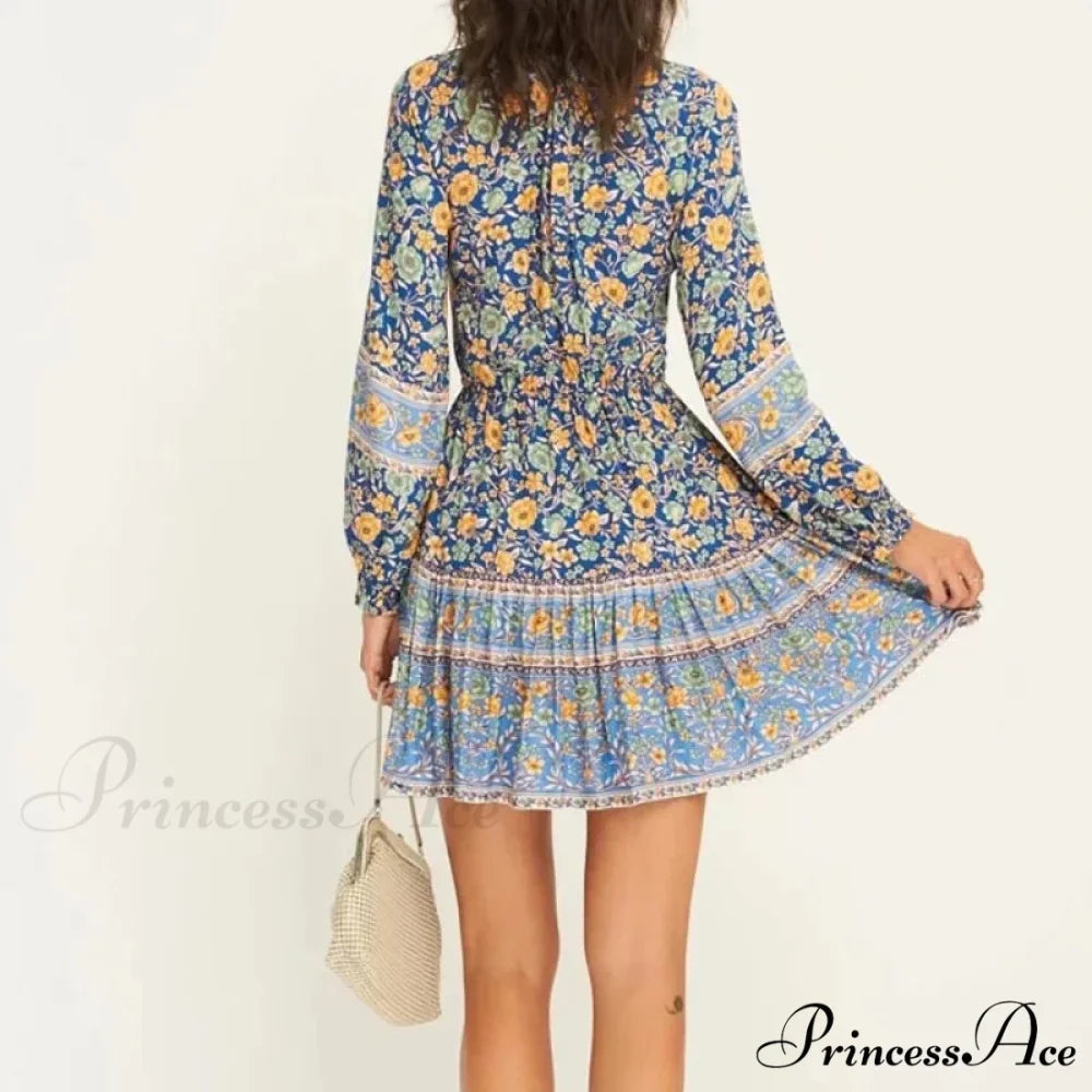Flower Pattern Cultural Long Sleeve V-neck Button Belt Frills Mini Boho Dress bohodress-250126