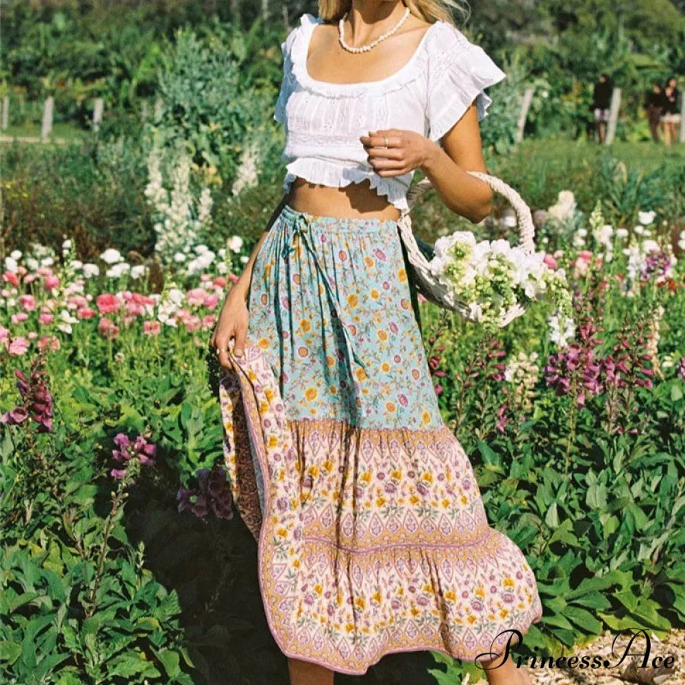 Flower Pattern Cultural Seaside Hippie Rayon Skirt Green / S skirt-250126