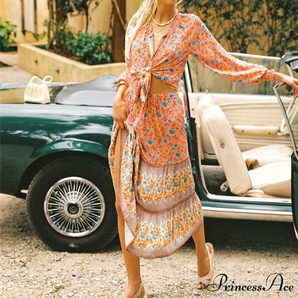 Flower Pattern Cultural Seaside Hippie Rayon Skirt Pink / S skirt-250126