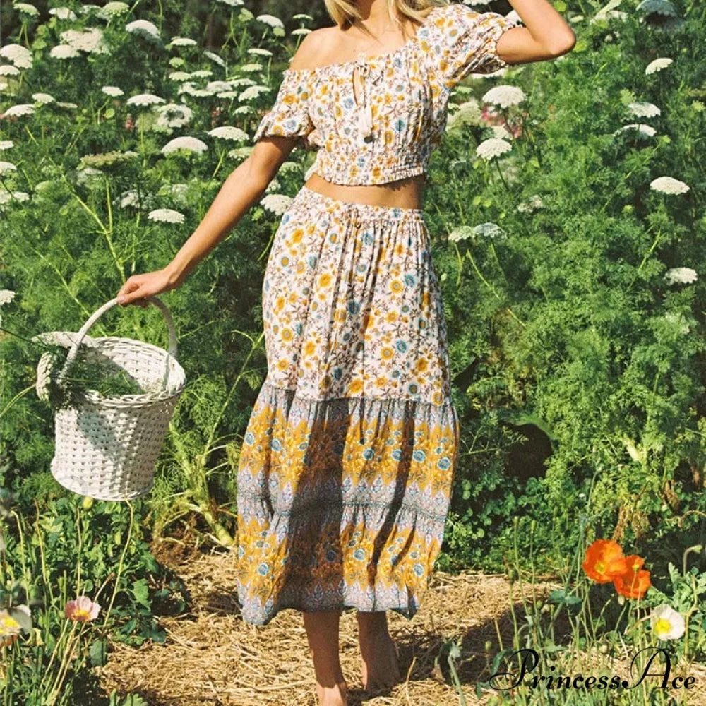 Flower Pattern Cultural Seaside Hippie Rayon Skirt Yellow / S skirt-250126