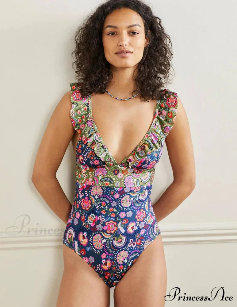 Flower Pattern Designer Bikini Set Cover-up Single Piece NAVY / S onepiece-250223