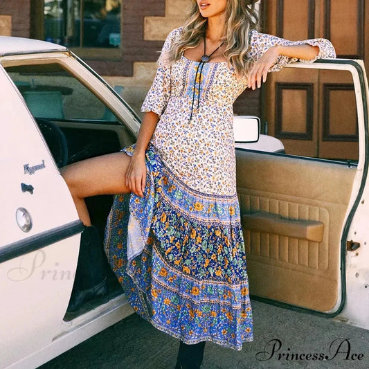 Flower Pattern Extended Sleeve Belts Folded Round Neck Bohemian Dress Creamy-white / S bohodress-250126