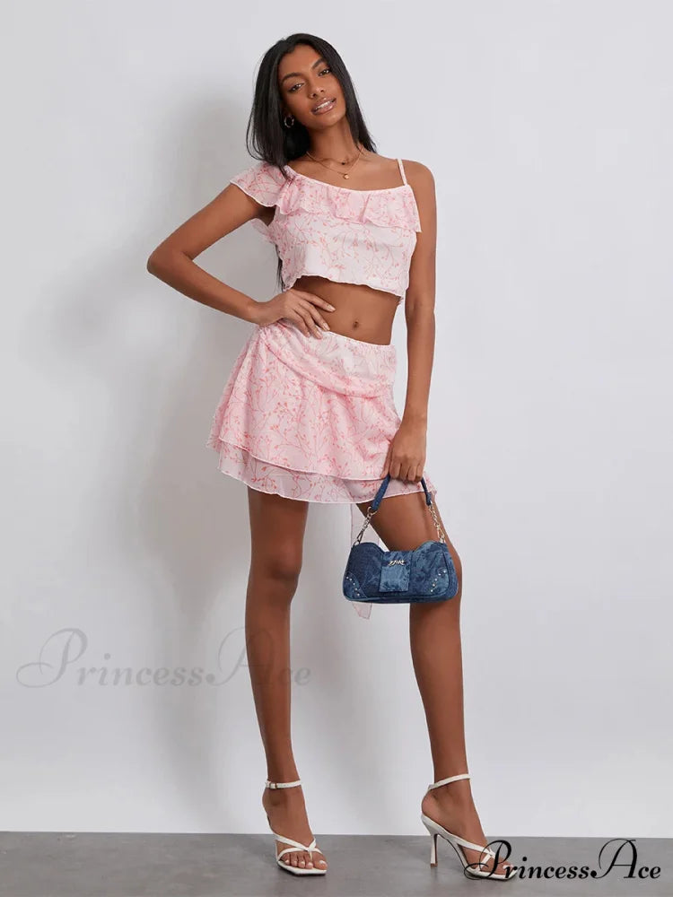 Flower Pattern Frill Sling Cropped Camisole Mini Skirt Flowered Dress floraldress-250126