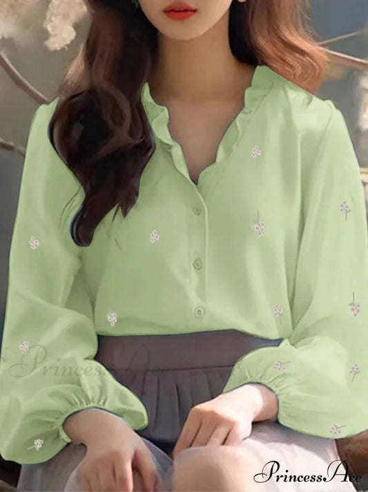 Flower Pattern Frilled Neck Blouse Informal Tunic Green / S blouse-250126