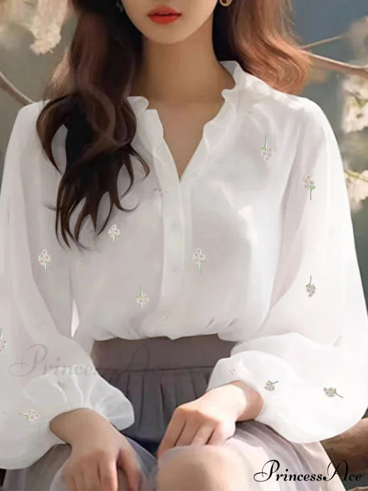 Flower Pattern Frilled Neck Blouse Informal Tunic WHITE / S blouse-250126