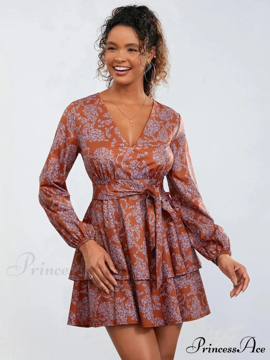 Flower Pattern Frills Tiered Mini Dress V-neck High Waist Flower Dress floraldress-250126