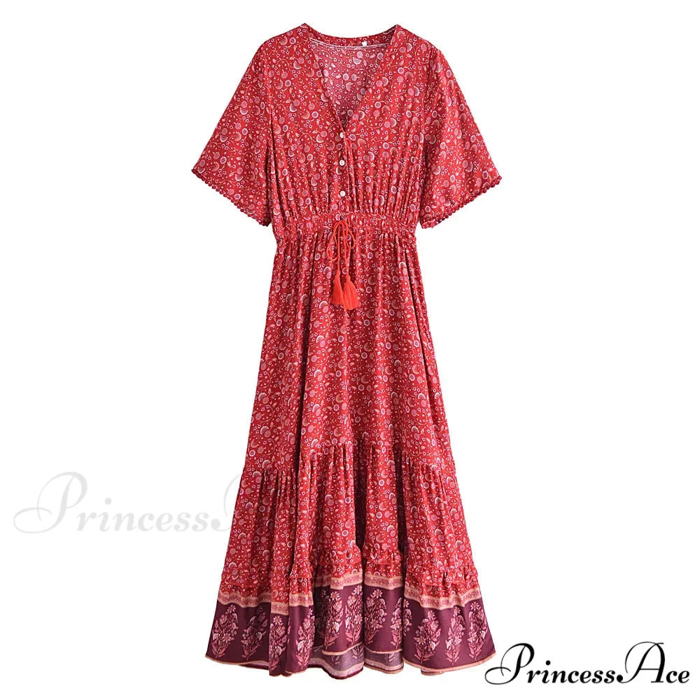 Flower Pattern Fringe V-neck Rayon Cotton Long Boho Dress bohodress-250126