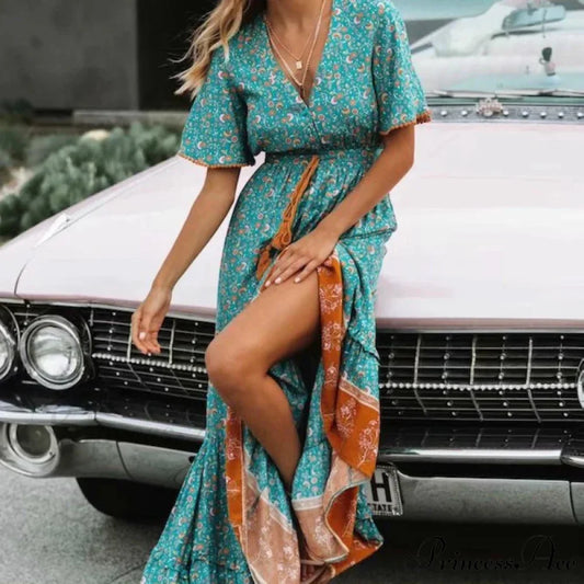 Flower Pattern Fringe V-neck Rayon Cotton Long Boho Dress bohodress-250126