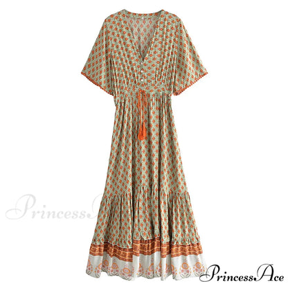 Flower Pattern Fringe V-neck Rayon Cotton Long Boho Dress bohodress-250126