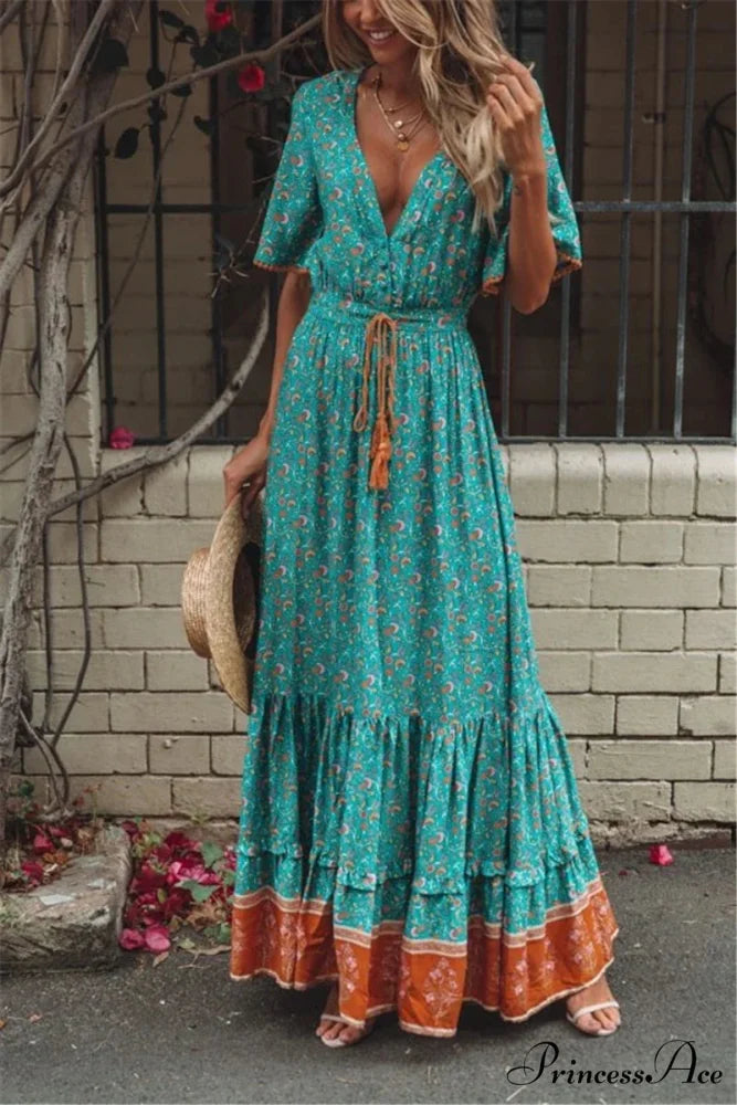 Flower Pattern Fringe V-neck Rayon Cotton Long Boho Dress Green / S bohodress-250126