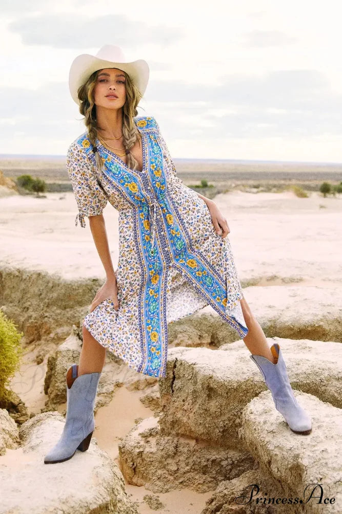 Flower Pattern Half Sleeve Baggy Belt V-neck Holiday Midi Boho Dress bohodress-250126