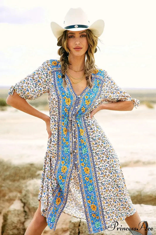 Flower Pattern Half Sleeve Baggy Belt V-neck Holiday Midi Boho Dress Creamy-white / S bohodress-250126
