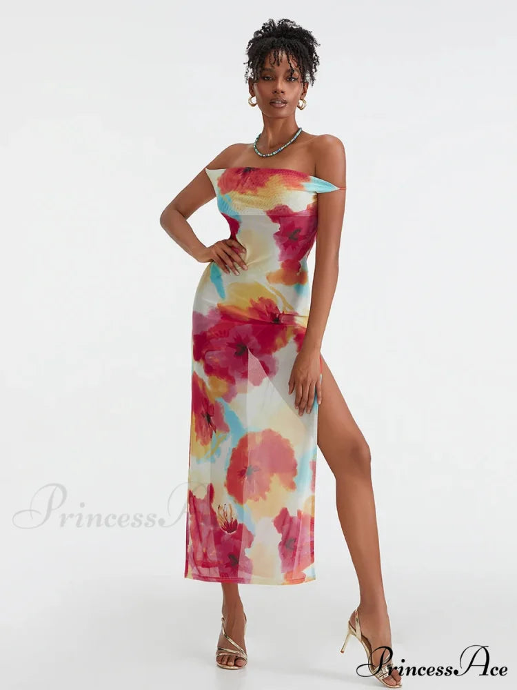 Flower Pattern High Separation Backless Off-Shoulder Tie-up Long Flower Dress floraldress-250126