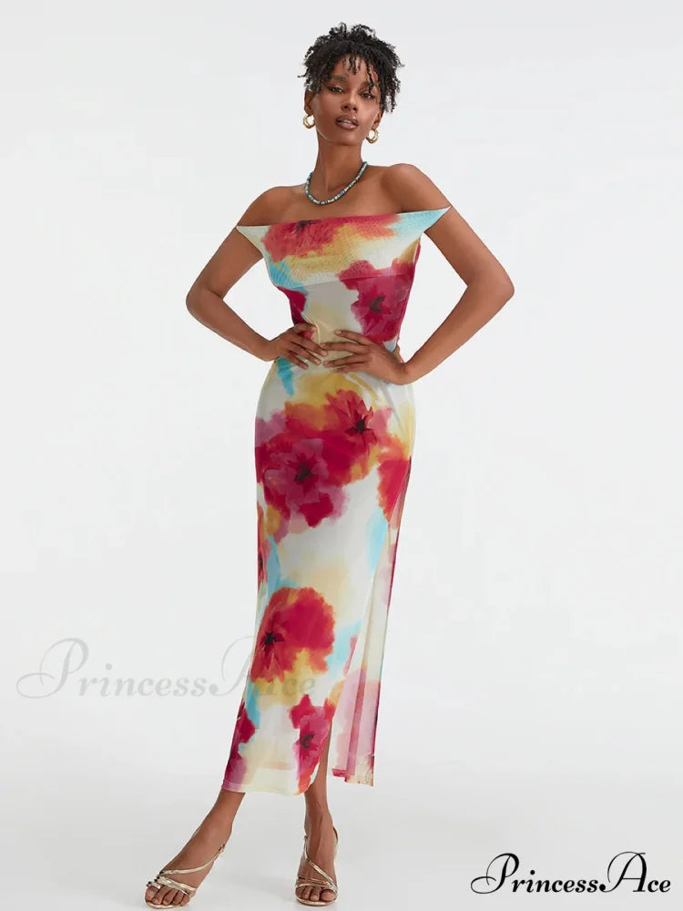 Flower Pattern High Separation Backless Off-Shoulder Tie-up Long Flower Dress floraldress-250126