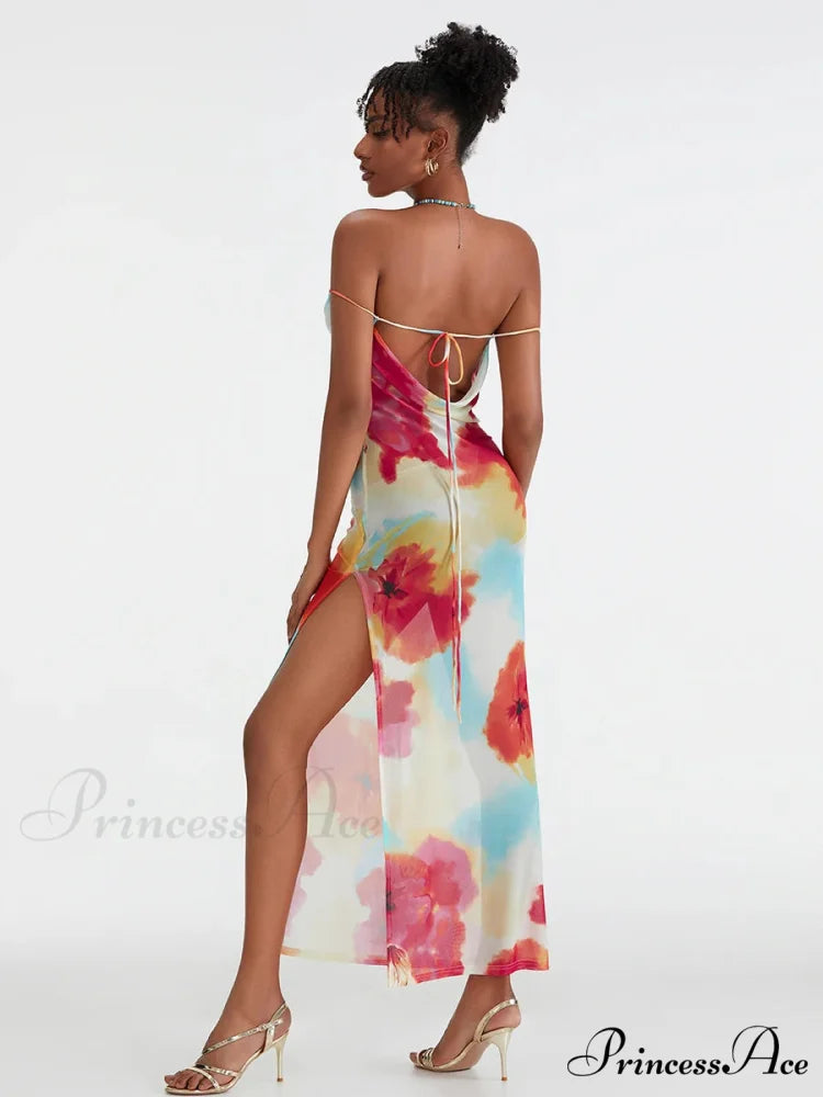 Flower Pattern High Separation Backless Off-Shoulder Tie-up Long Flower Dress floraldress-250126