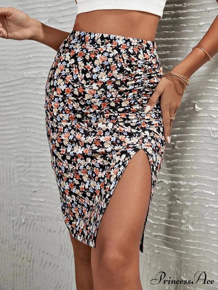 Flower Pattern High Waist Trim Fit Stylish Summer Skirt skirt-250126