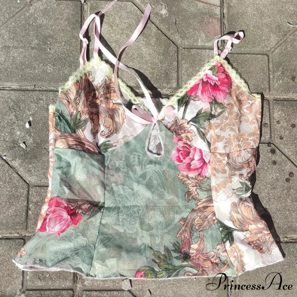 Flower Pattern Lace Fasten Sheer Midriff Top GREEN / S croptop-250126