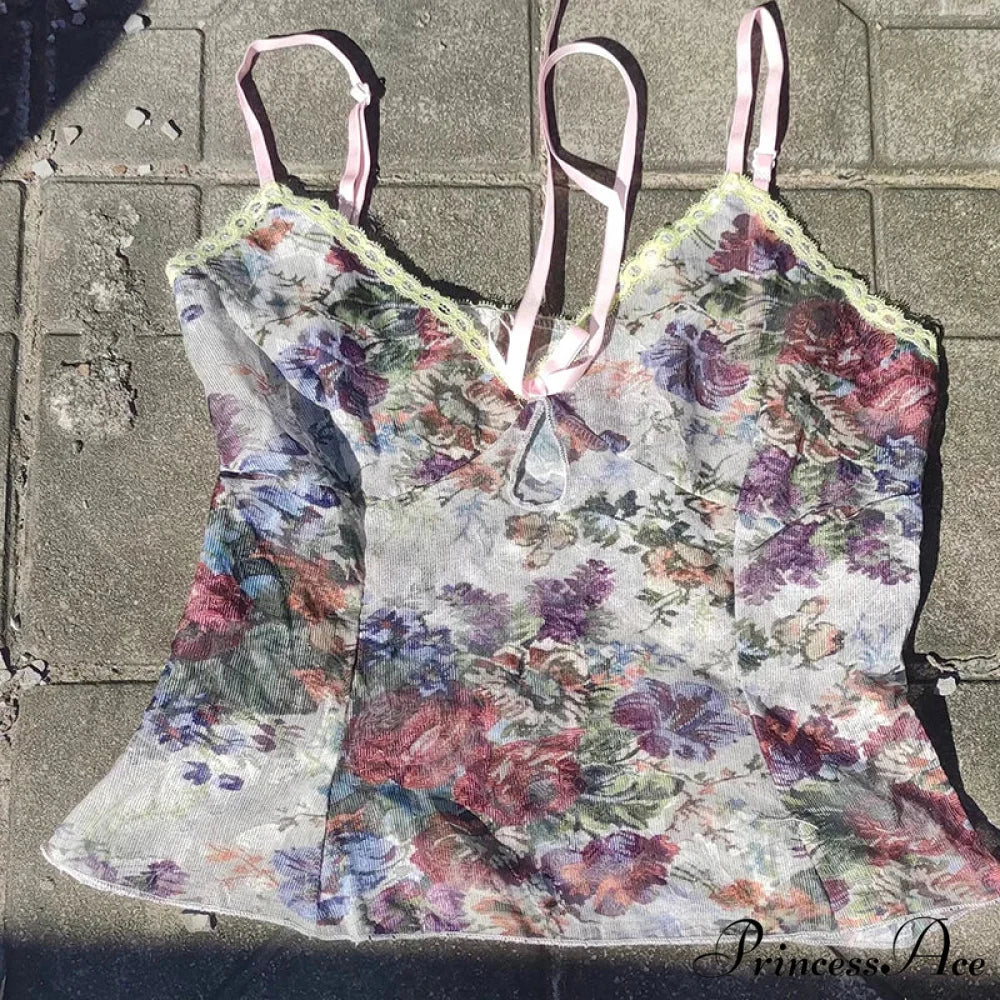 Flower Pattern Lace Fasten Sheer Midriff Top WHITE2 / S croptop-250126