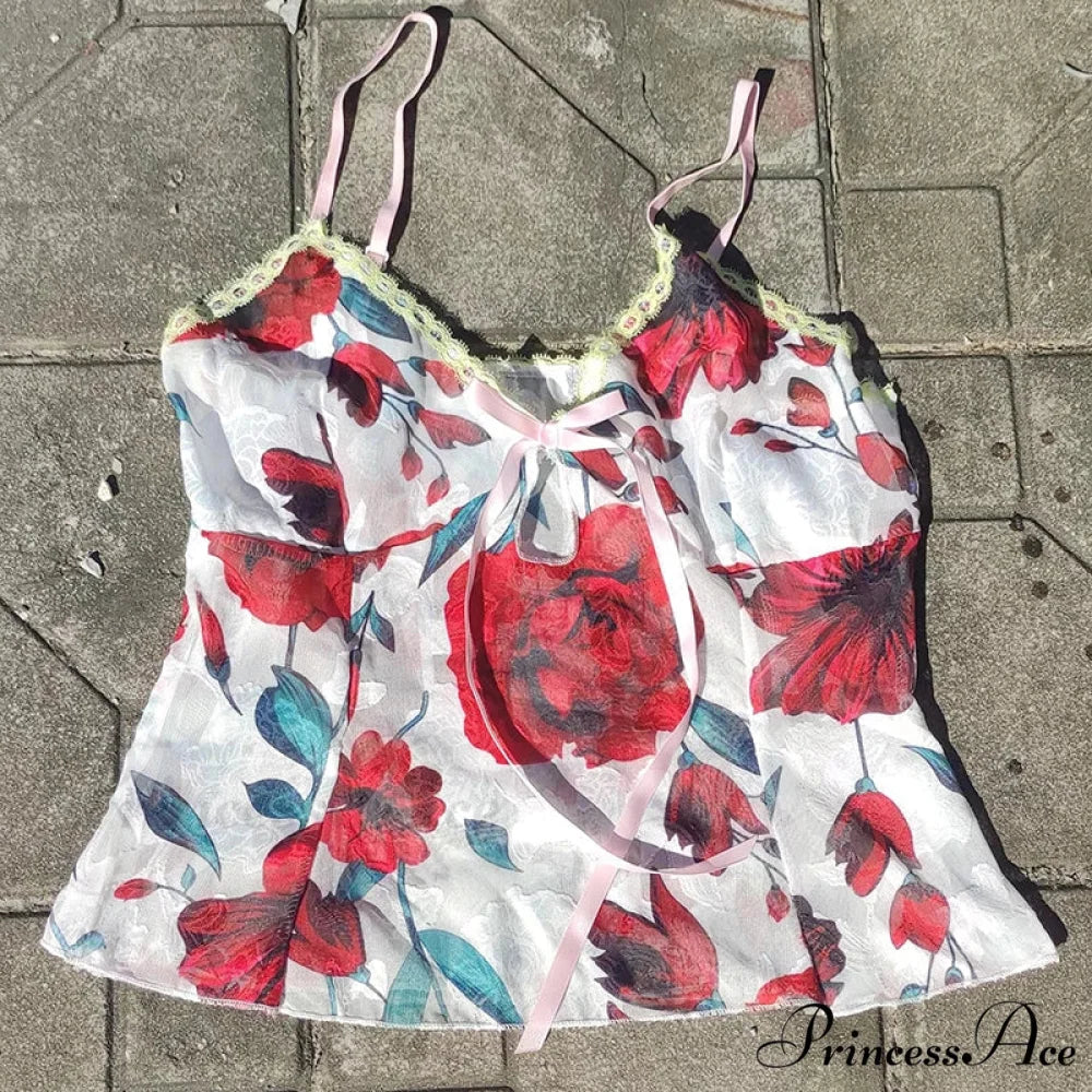 Flower Pattern Lace Fasten Sheer Midriff Top WHITE3 / S croptop-250126