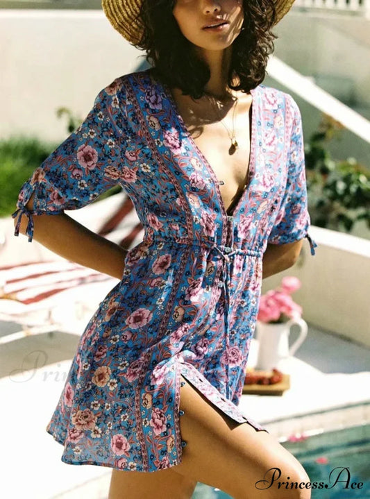 Flower Pattern Lace-up Front Button Mini Summer Boho Dress Purple / S bohodress-250126