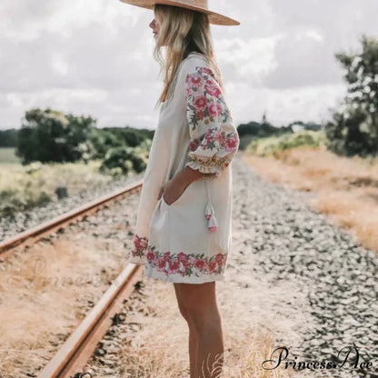 Flower Pattern Linen Cotton Mini V-neck Summer Boho Dress bohodress-250126