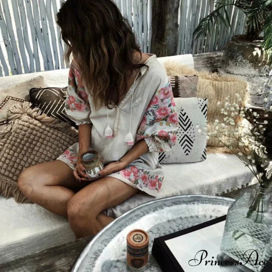 Flower Pattern Linen Cotton Mini V-neck Summer Boho Dress white / M bohodress-250126