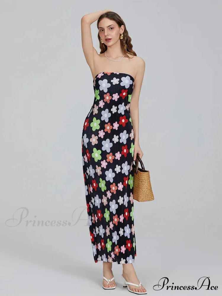 Flower Pattern Off-The-Shoulder Bandeau Pleated Tube Top Open-Back Celebration Dress BLACK1 / S floraldress-250126