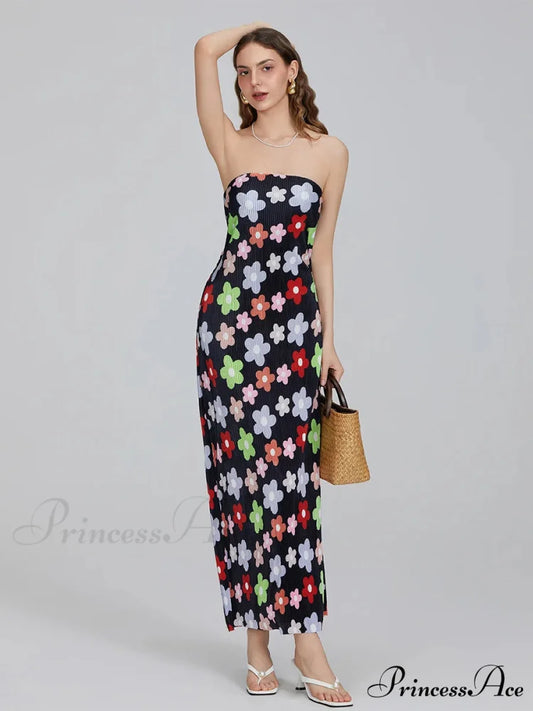 Flower Pattern Off-The-Shoulder Bandeau Pleated Tube Top Open-Back Celebration Dress BLACK1 / S floraldress-250126