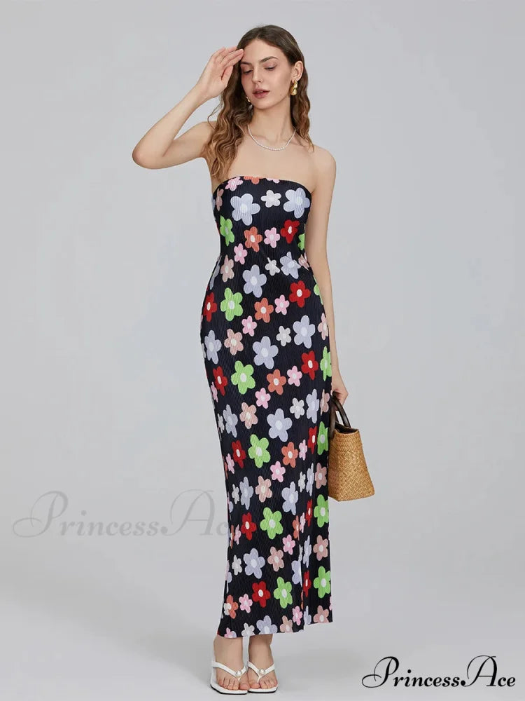 Flower Pattern Off-The-Shoulder Bandeau Pleated Tube Top Open-Back Celebration Dress floraldress-250126