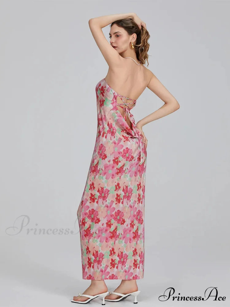 Flower Pattern Off-The-Shoulder Bandeau Pleated Tube Top Open-Back Celebration Dress floraldress-250126