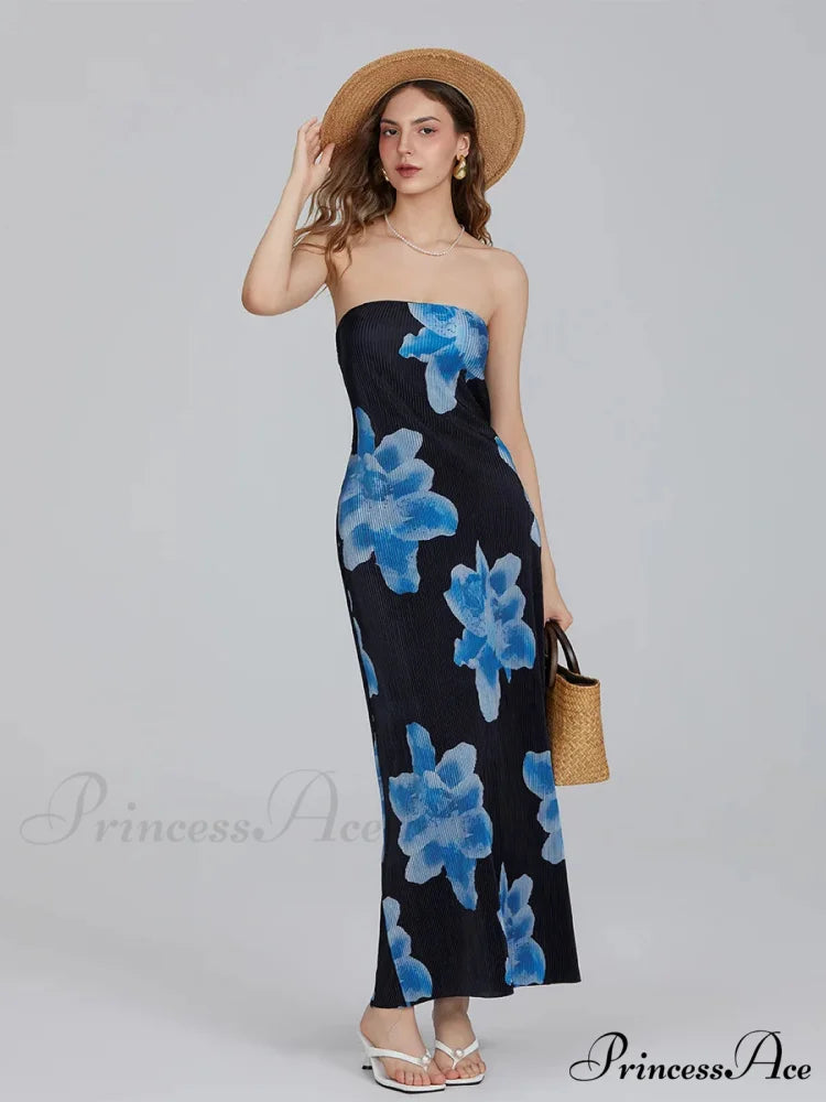 Flower Pattern Off-The-Shoulder Bandeau Pleated Tube Top Open-Back Celebration Dress floraldress-250126