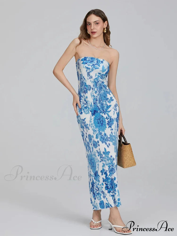 Flower Pattern Off-The-Shoulder Bandeau Pleated Tube Top Open-Back Celebration Dress floraldress-250126