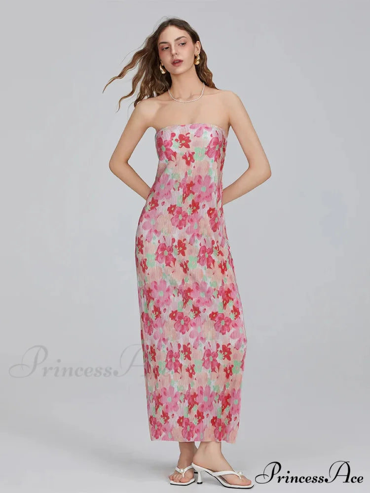 Flower Pattern Off-The-Shoulder Bandeau Pleated Tube Top Open-Back Celebration Dress floraldress-250126