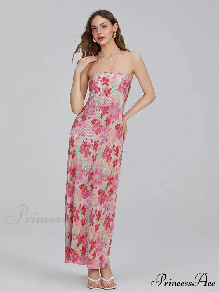 Flower Pattern Off-The-Shoulder Bandeau Pleated Tube Top Open-Back Celebration Dress PINK / S floraldress-250126