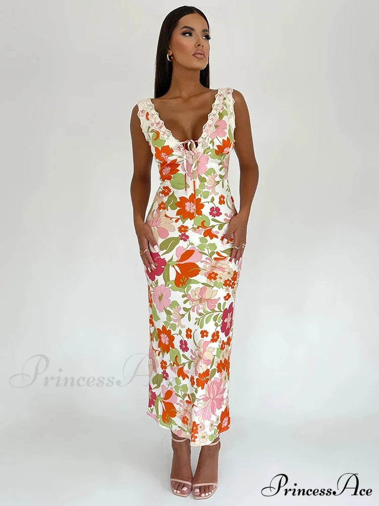 Flower Pattern Open-back Low-cut Body-hugging Full-length Flower Dress floraldress-250126