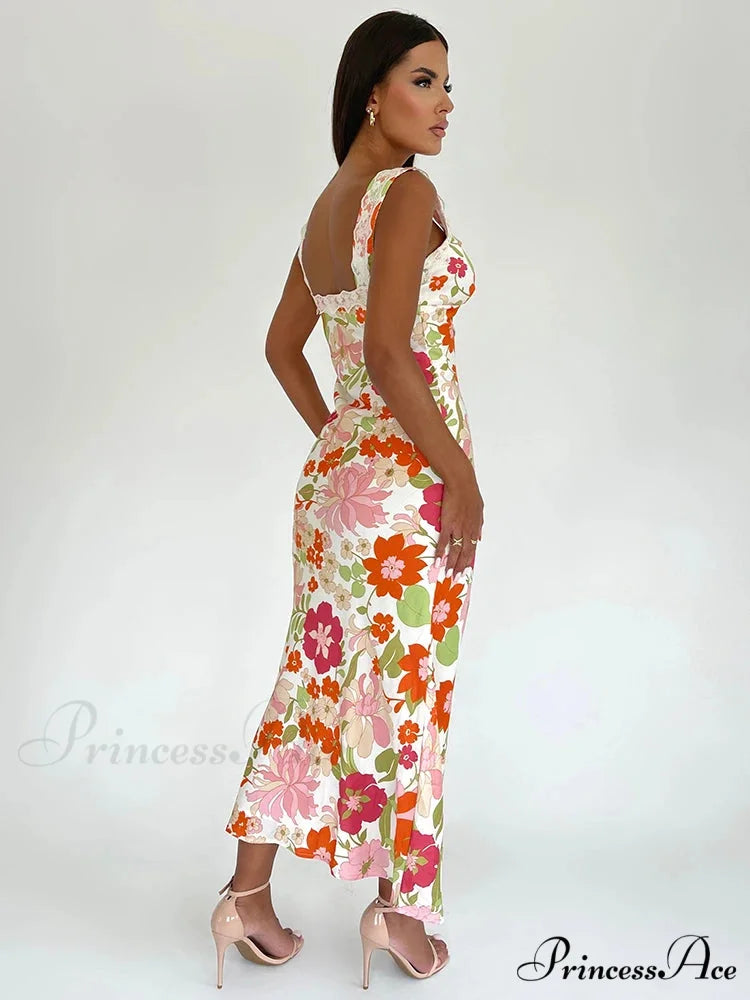 Flower Pattern Open-back Low-cut Body-hugging Full-length Flower Dress floraldress-250126