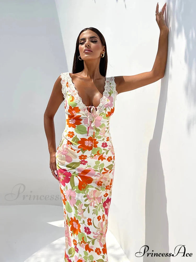 Flower Pattern Open-back Low-cut Body-hugging Full-length Flower Dress floraldress-250126