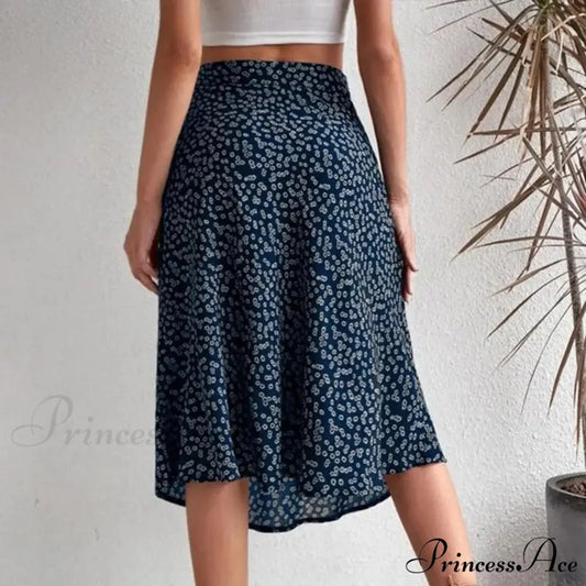 Flower Pattern Opening Flared High Rise Flowy Skirt Blue / S skirt-250126