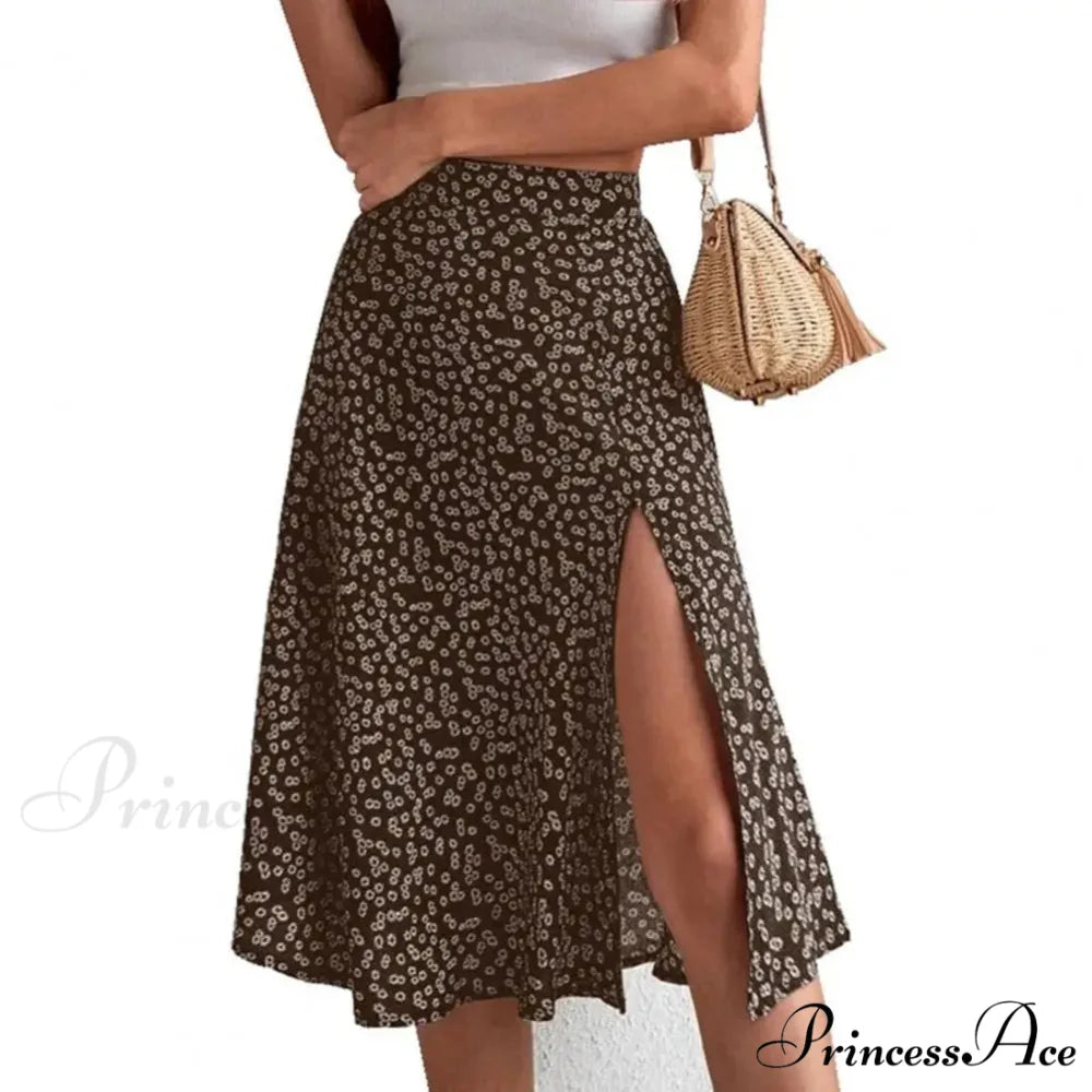 Flower Pattern Opening Flared High Rise Flowy Skirt Brown / S skirt-250126