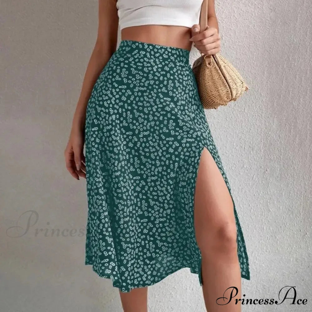 Flower Pattern Opening Flared High Rise Flowy Skirt Green / S skirt-250126