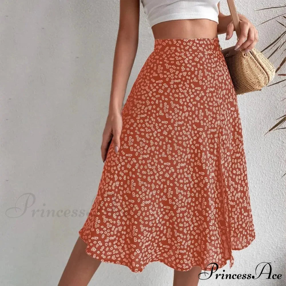 Flower Pattern Opening Flared High Rise Flowy Skirt Orange / S skirt-250126