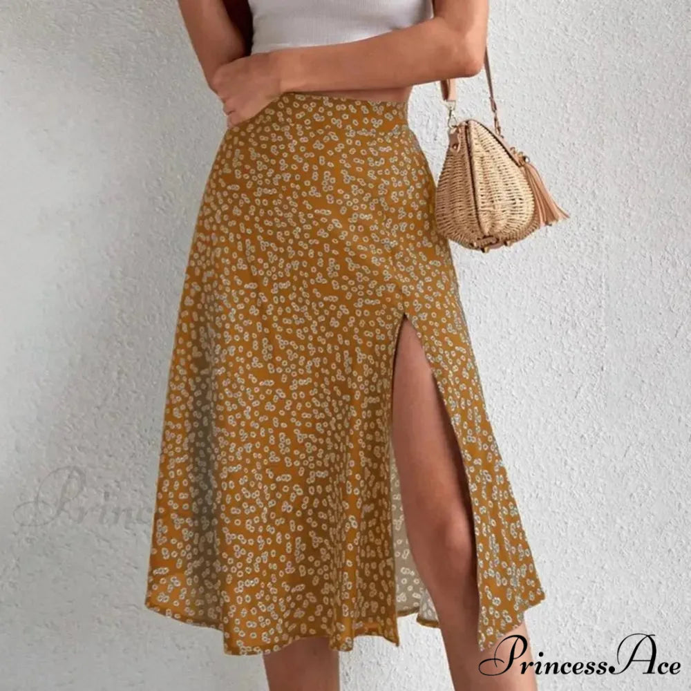 Flower Pattern Opening Flared High Rise Flowy Skirt Yellow / S skirt-250126
