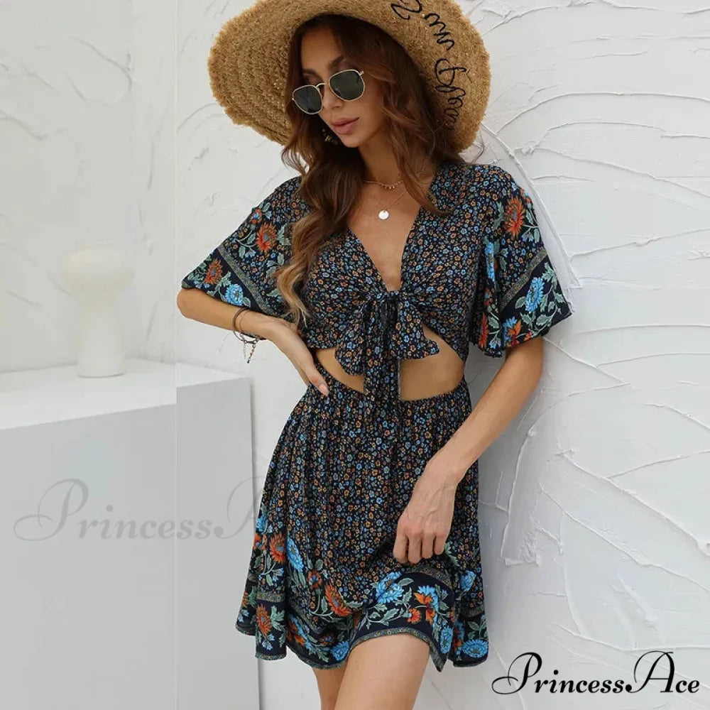 Flower Pattern Rayon Cotton Low-cut Hollow Out Mini Boho Dress NAVY / M bohodress-250126