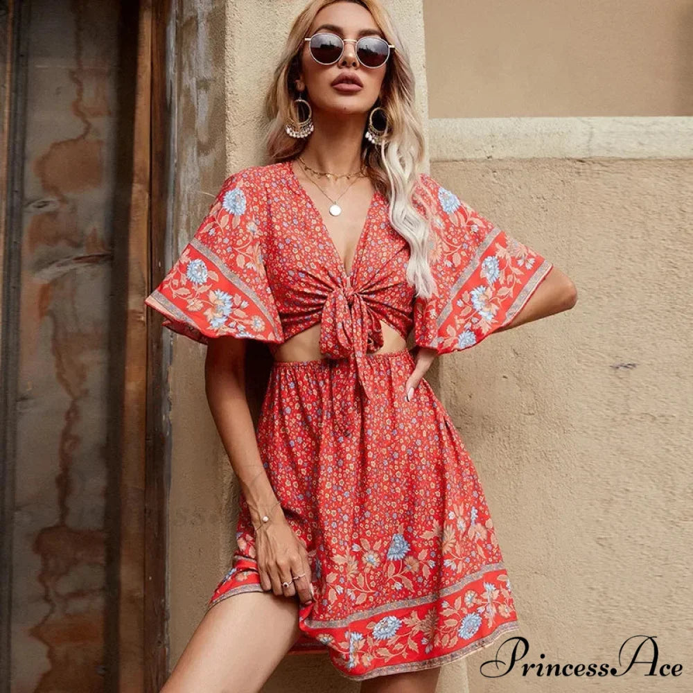 Flower Pattern Rayon Cotton Low-cut Hollow Out Mini Boho Dress Red / M bohodress-250126
